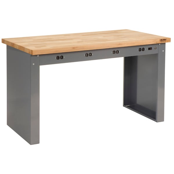 Global Industrial Panel Leg Workbench, 60 x 30in, Power Outlets, Maple Butcher Block Square Edge 778476 - main